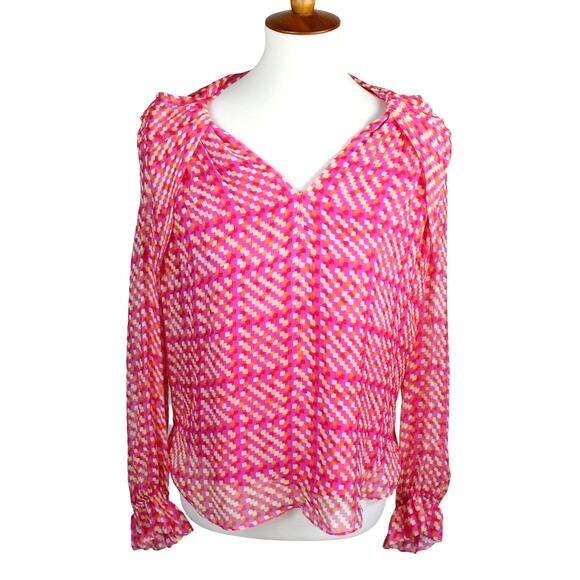 The Fold London Silk Blouse Womens US 8 UK 12 Pink Geometric Long Sleeve Chic